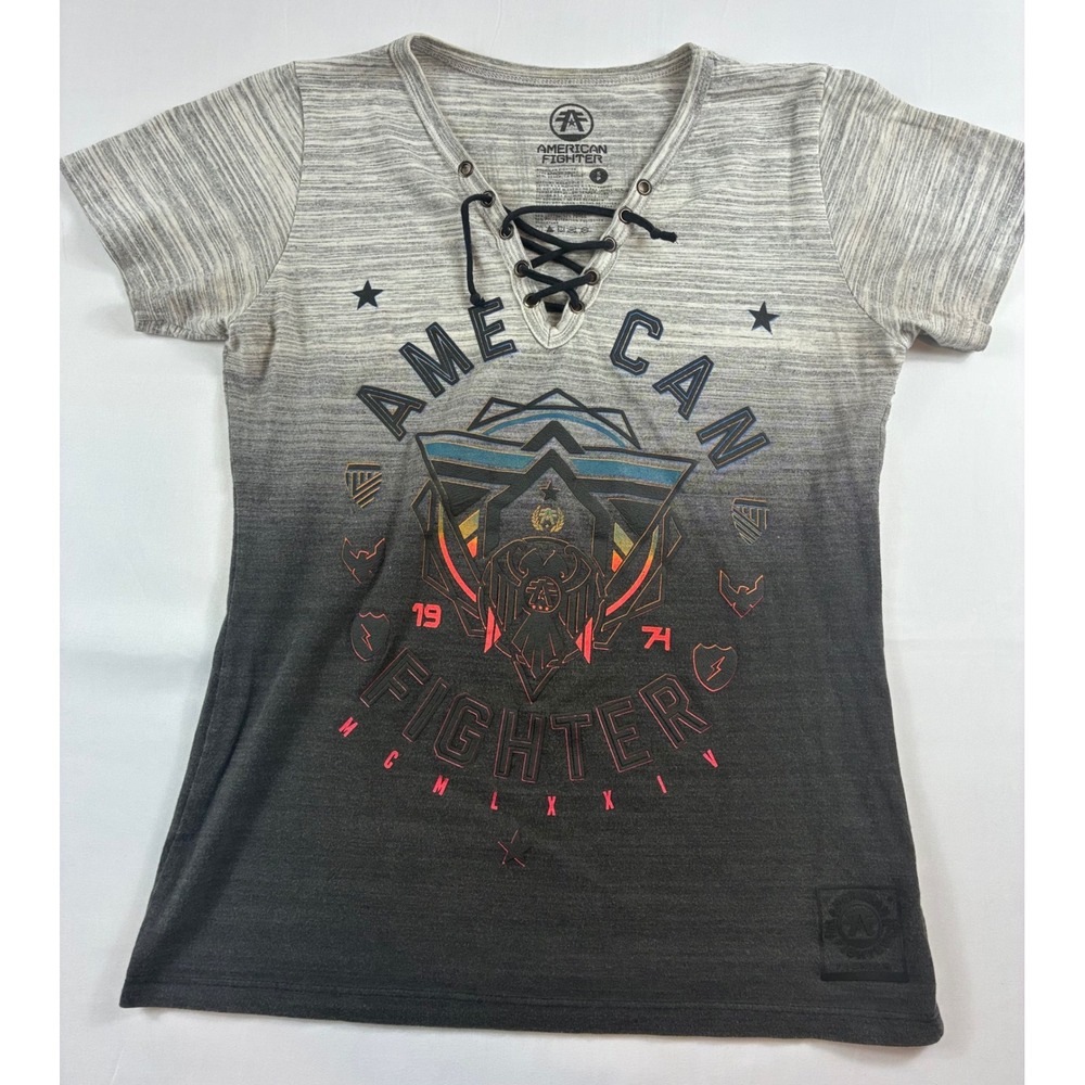 American Fighter Lace Up V-Neck T-Shirt Womens Small Grey Ombre Graphic Tee